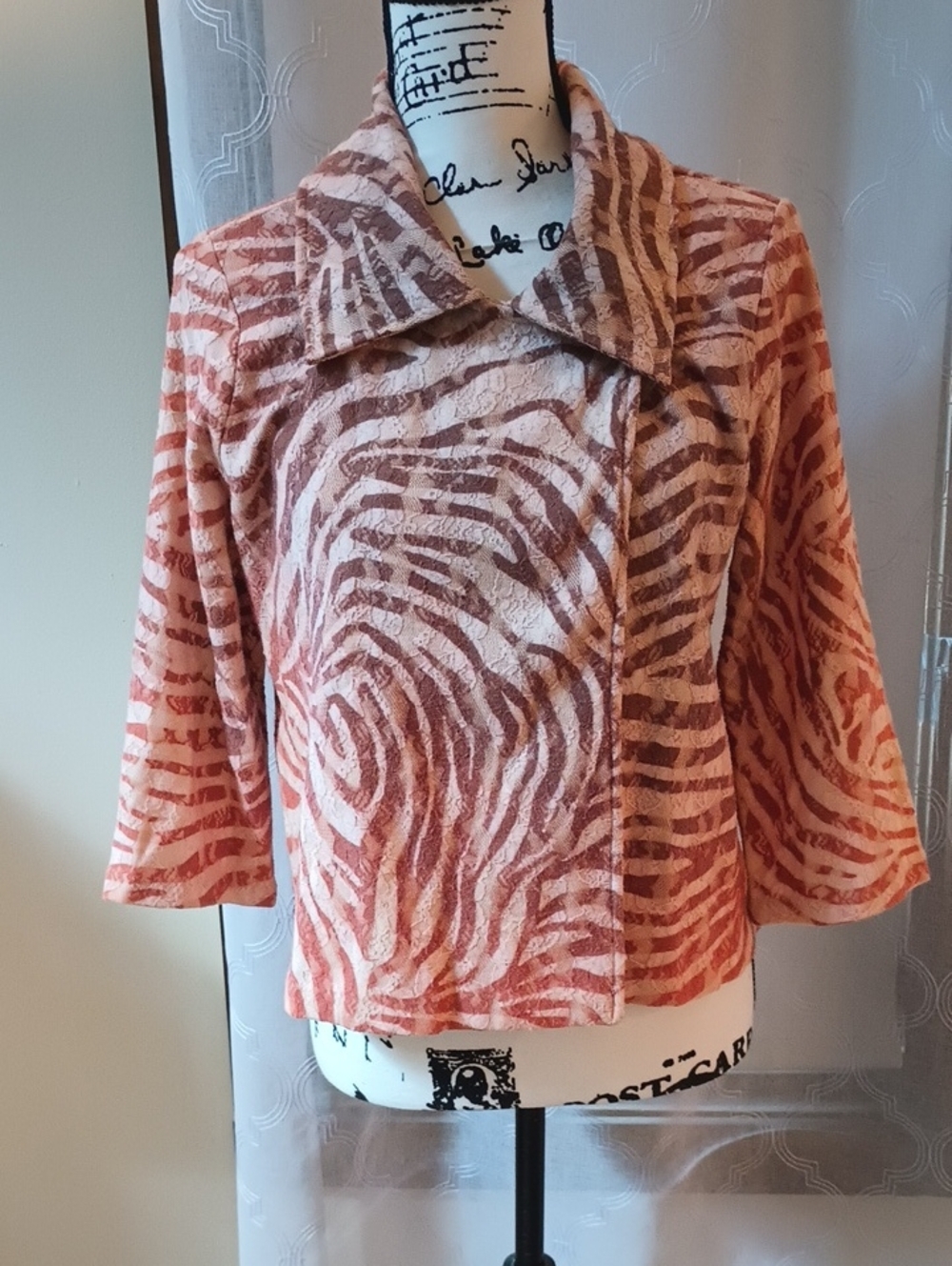 Chico's Peach and Brown Zebra-Patterned Collar Cardigan
